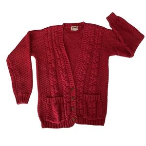 VTG Red Camel Cable Knit Cardigan Juniors M Red Long Sweater 80s Shoulder Pads